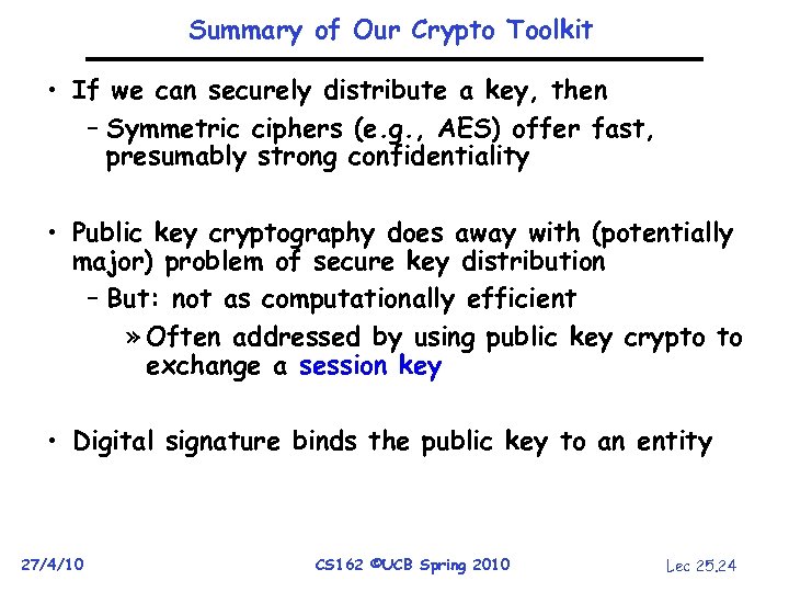 Summary of Our Crypto Toolkit • If we can securely distribute a key, then
