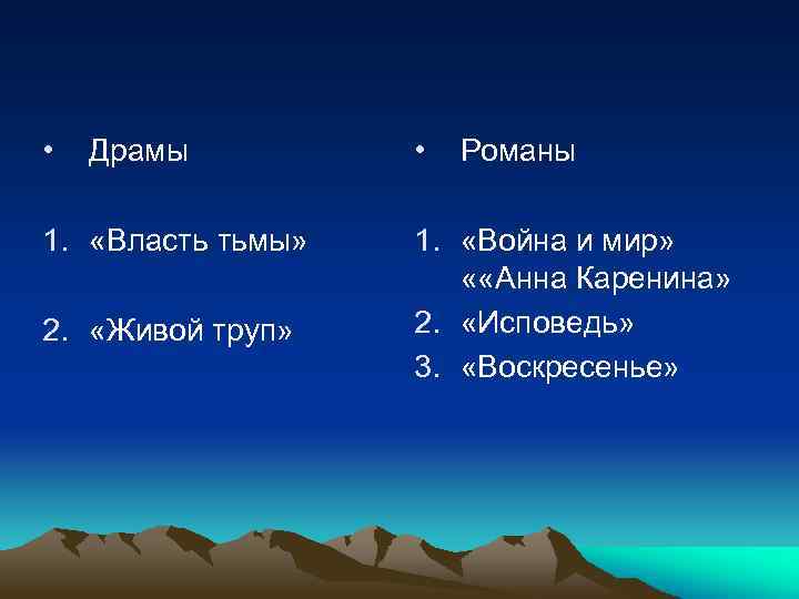  • Драмы 1. «Власть тьмы» 2. «Живой труп» • Романы 1. «Война и