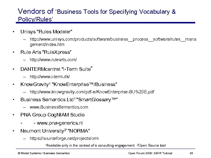 Vendors of ‘Business Tools for Specifying Vocabulary & Policy/Rules’ • Unisys “Rules Modeler” –