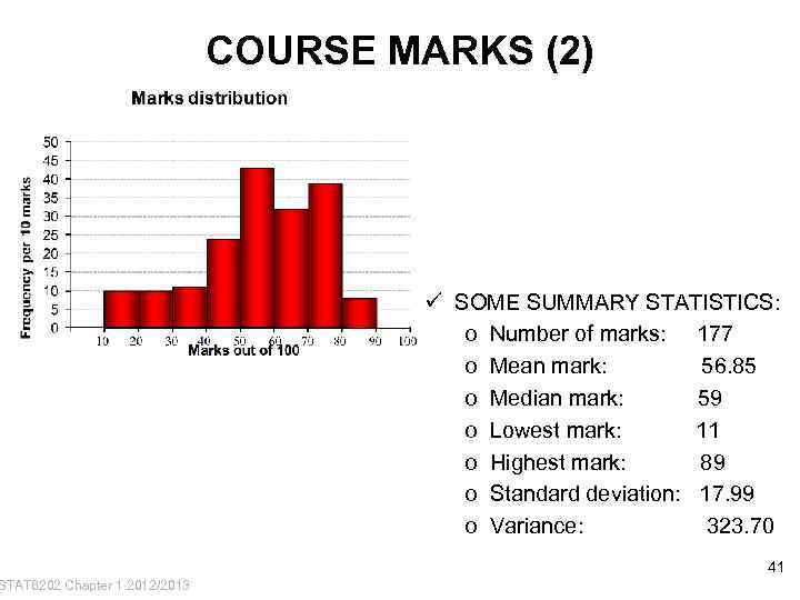 STAT 6202 Chapter 1 2012/2013 COURSE MARKS (2) ü SOME SUMMARY STATISTICS: o Number