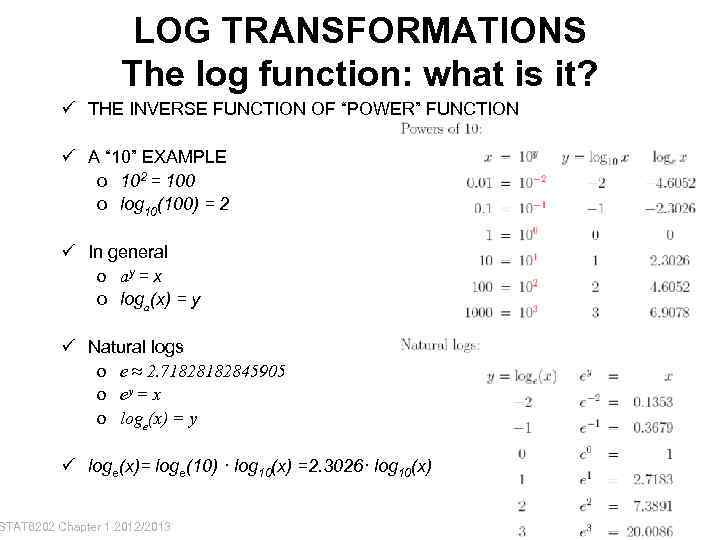 LOG TRANSFORMATIONS The log function: what is it? ü THE INVERSE FUNCTION OF “POWER”