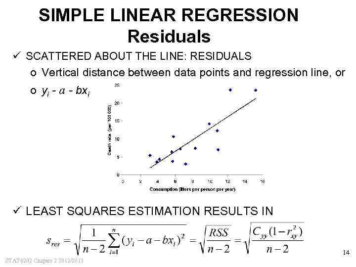 SIMPLE LINEAR REGRESSION Residuals ü SCATTERED ABOUT THE LINE: RESIDUALS o Vertical distance between