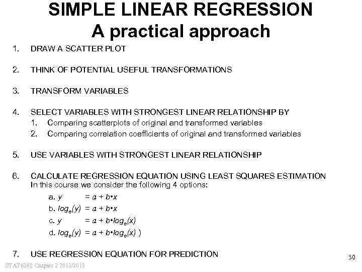 SIMPLE LINEAR REGRESSION A practical approach 1. DRAW A SCATTER PLOT 2. THINK OF