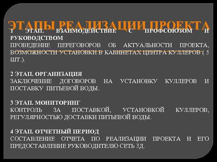 ЭТАПЫ ВЗАИМОДЕЙСТВИЕ С ПРОФСОЮЗОМ И РЕАЛИЗАЦИИ ПРОЕКТА 1 ЭТАП. РУКОВОДСТВОМ ПРОВЕДЕНИЕ ПЕРЕГОВОРОВ ОБ АКТУАЛЬНОСТИ