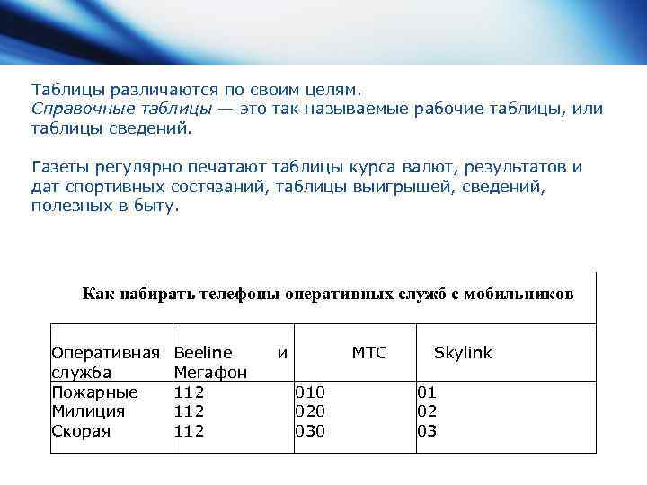 Таблицы различаются по своим целям. Справочные таблицы — это так называемые рабочие таблицы, или