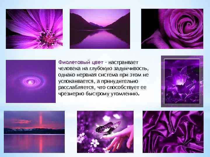Фиолетовый цвет – настраивает человека на глубокую задумчивость, однако нервная система при этом не