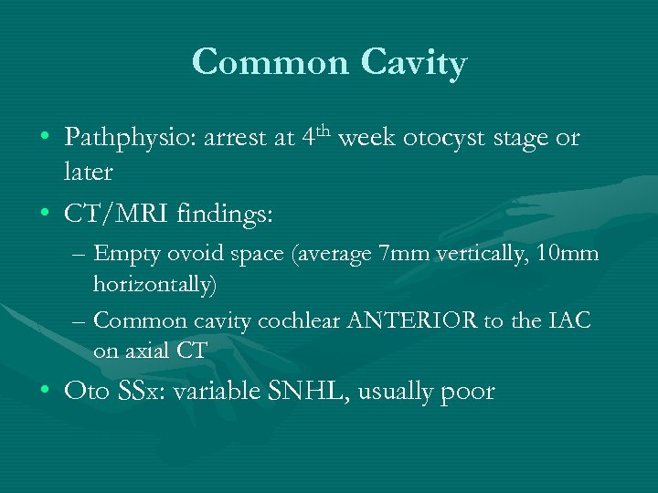 Common Cavity • Pathphysio: arrest at 4 th week otocyst stage or later •