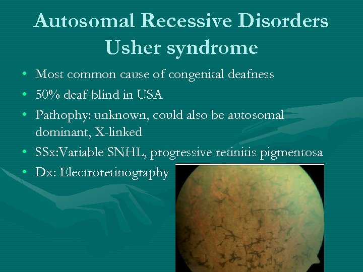 Autosomal Recessive Disorders Usher syndrome • • • Most common cause of congenital deafness