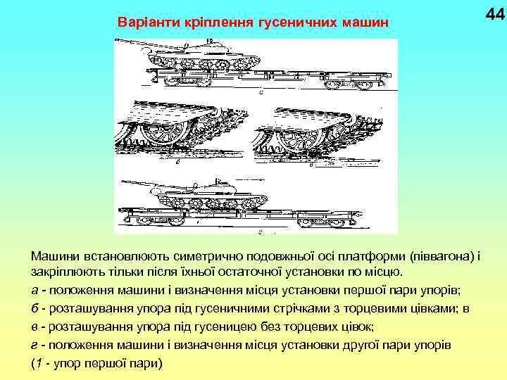 Варіанти кріплення гусеничних машин Машини встановлюють симетрично подовжньої осі платформи (піввагона) і закріплюють тільки