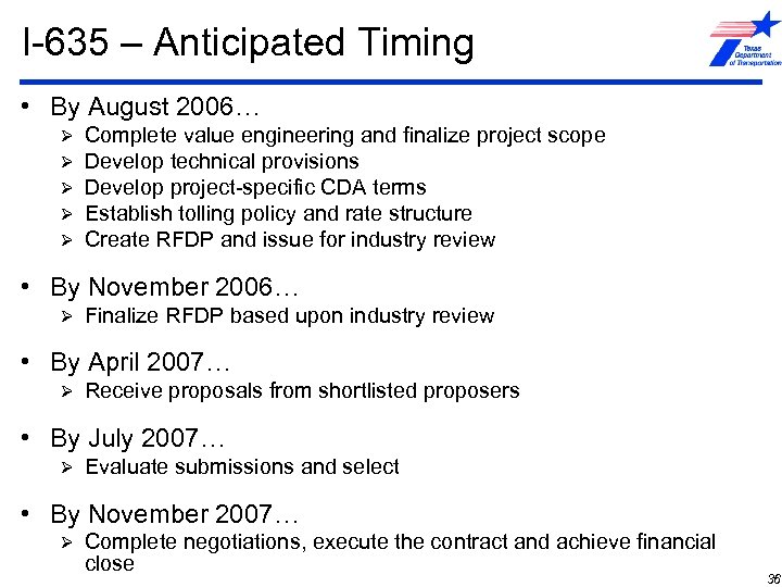 I-635 – Anticipated Timing • By August 2006… Ø Ø Ø Complete value engineering