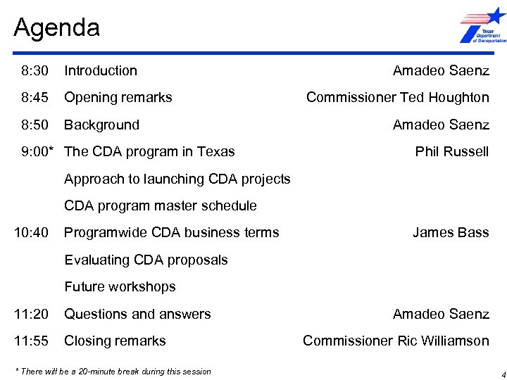 Agenda 8: 30 Introduction 8: 45 Opening remarks 8: 50 Background 9: 00* The