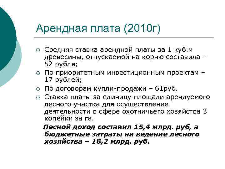 Арендная плата (2010 г) Средняя ставка арендной платы за 1 куб. м древесины, отпускаемой