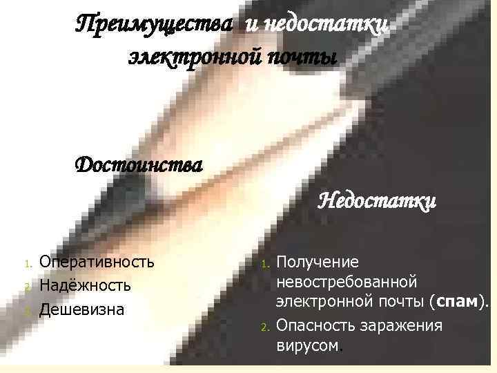 Преимущества и недостатки электронной почты Достоинства Недостатки 1. 2. 3. Оперативность Надёжность Дешевизна 1.