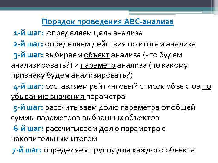 Порядок анализа. Порядок проведения АВС анализа. Алгоритм проведения ABC анализа. Последовательность проведения анализа АВС. Последовательность этапов проведения АВС-анализа:.