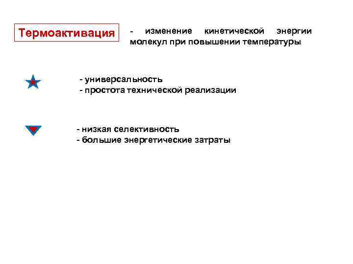 Термоактивация - изменение кинетической энергии молекул при повышении температуры - универсальность - простота технической