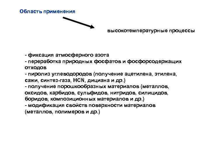 Область применения высокотемпературные процессы - фиксация атмосферного азота - переработка природных фосфатов и фосфорсодержащих