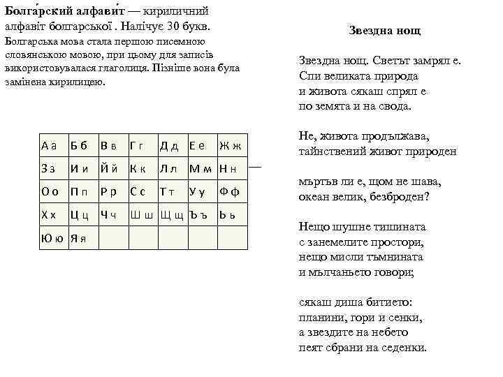 Болга рский алфави т — кириличний алфавіт болгарської. Налічує 30 букв. Болгарська мова стала
