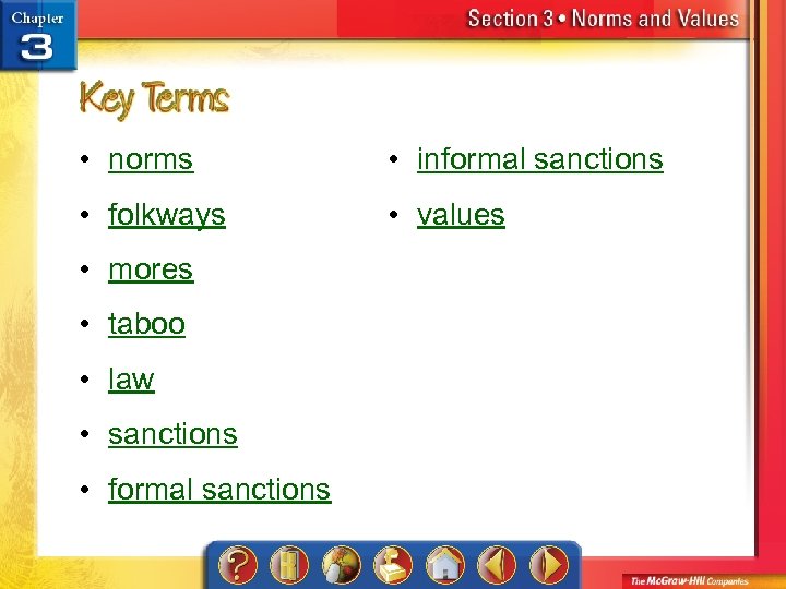  • norms • informal sanctions • folkways • values • mores • taboo
