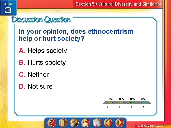 In your opinion, does ethnocentrism help or hurt society? A. Helps society B. Hurts