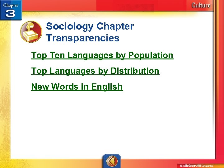 Sociology Chapter Transparencies Top Ten Languages by Population Top Languages by Distribution New Words