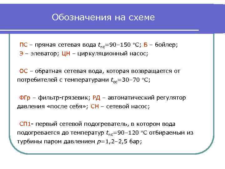 Обозначения на схеме ПС – прямая сетевая вода tпс=90– 150 С; Б – бойлер;