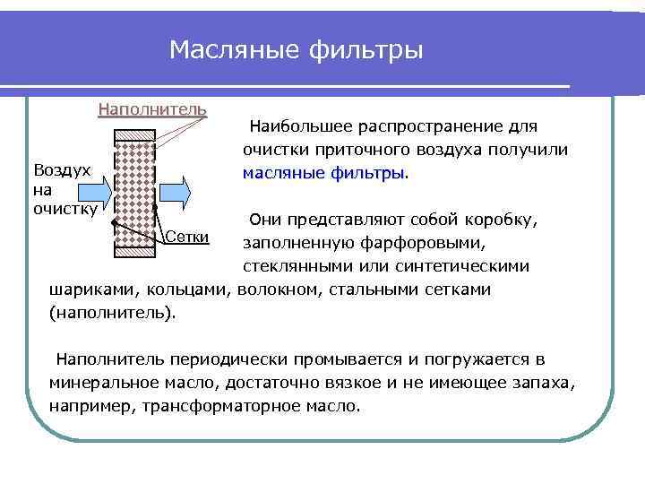 Масляные фильтры Наполнитель Воздух на очистку Наибольшее распространение для очистки приточного воздуха получили масляные