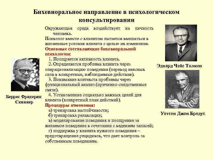 Бихевиоральное направление в психологическом консультировании Окружающая среда воздействует на личность человека. Психолог вместе с