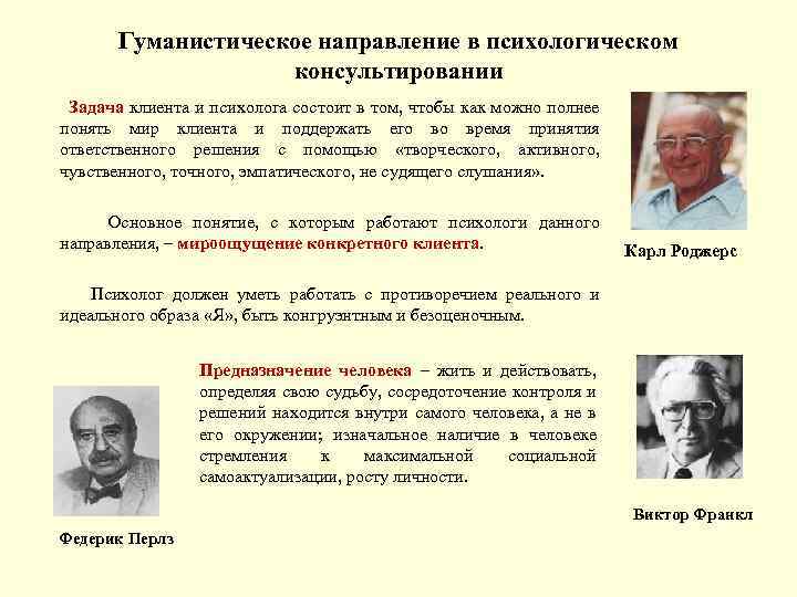 Гуманистическое направление в психологическом консультировании Задача клиента и психолога состоит в том, чтобы как