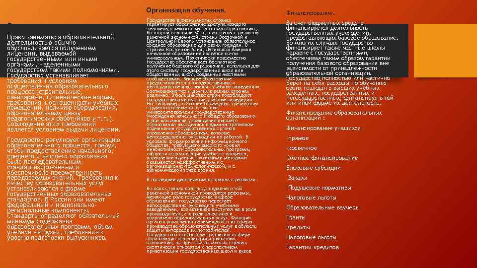 Организация обучения. Регулирование Право заниматься образовательной деятельностью обычно обусловливается получением лицензии, выдаваемой государственными или