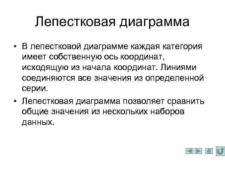 Лепестковая диаграмма • В лепестковой диаграмме каждая категория имеет собственную ось координат, исходящую из