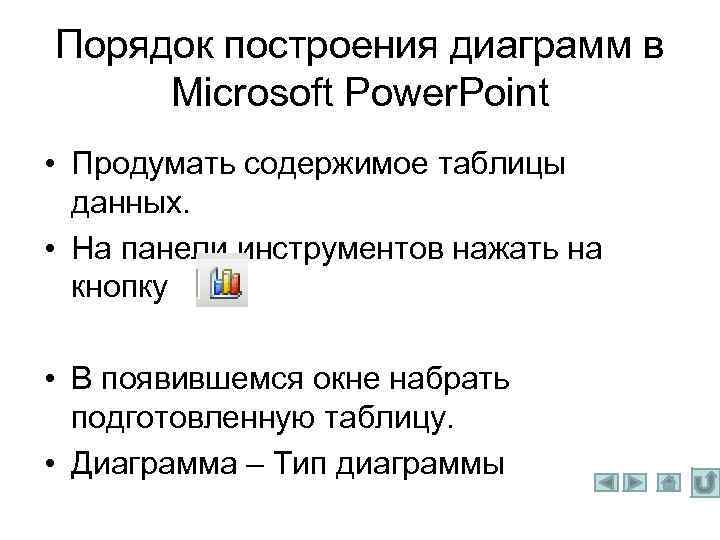 Порядок построения диаграмм в Microsoft Power. Point • Продумать содержимое таблицы данных. • На