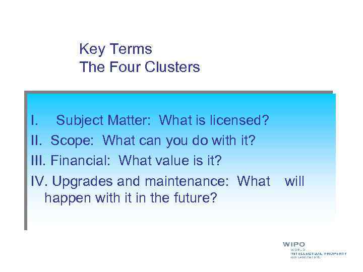 Key Terms The Four Clusters I. Subject Matter: What is licensed? II. Scope: What