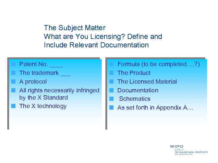 The Subject Matter What are You Licensing? Define and Include Relevant Documentation Patent No.