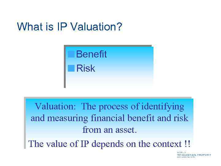What is IP Valuation? Benefit Risk Valuation: The process of identifying and measuring financial