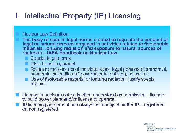 I. Intellectual Property (IP) Licensing Nuclear Law Definition The body of special legal norms