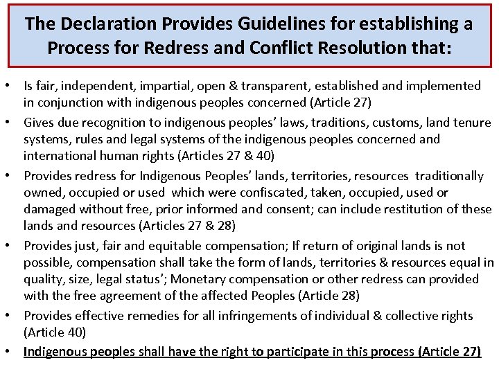 The Declaration Provides Guidelines for establishing a Process for Redress and Conflict Resolution that: