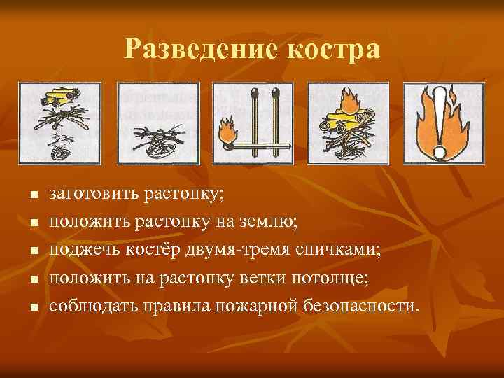 Разведение костра n n n заготовить растопку; положить растопку на землю; поджечь костёр двумя