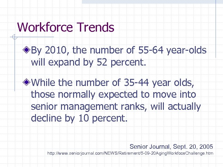 Workforce Trends By 2010, the number of 55 -64 year-olds will expand by 52