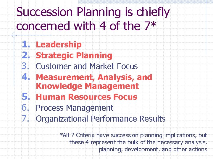 Succession Planning is chiefly concerned with 4 of the 7* 1. 2. 3. 4.