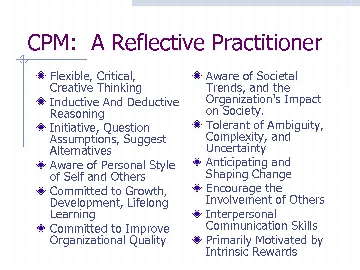 CPM: A Reflective Practitioner Flexible, Critical, Creative Thinking Inductive And Deductive Reasoning Initiative, Question