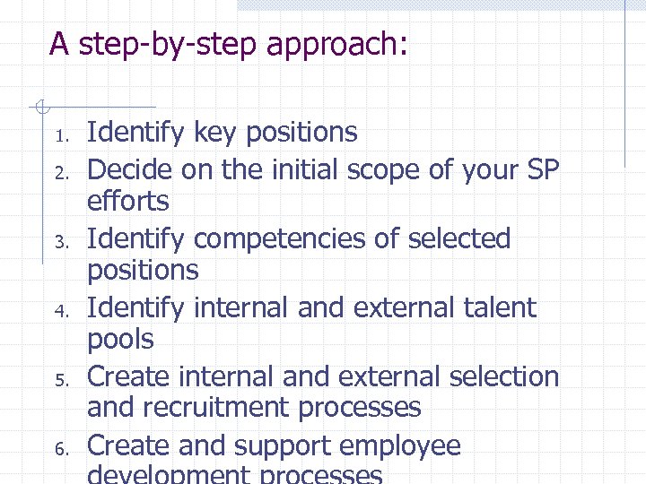 A step-by-step approach: 1. 2. 3. 4. 5. 6. Identify key positions Decide on