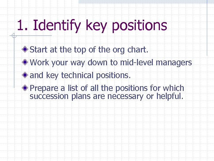1. Identify key positions Start at the top of the org chart. Work your