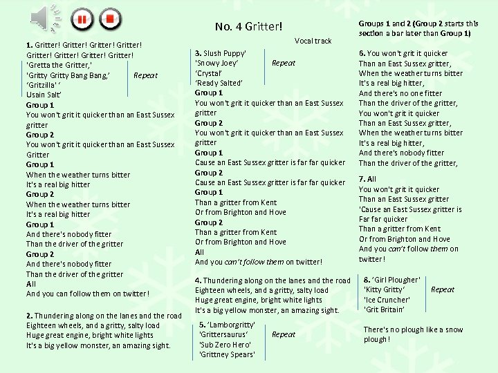 No. 4 Gritter! 1. Gritter! Gritter! 'Gretta the Gritter, ' 'Gritty Bang, ’ Repeat