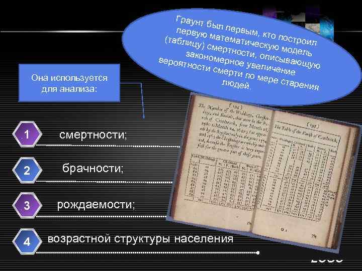 Она используется для анализа: 1 смертности; 2 брачности; 3 Граунт бы первую л первым,