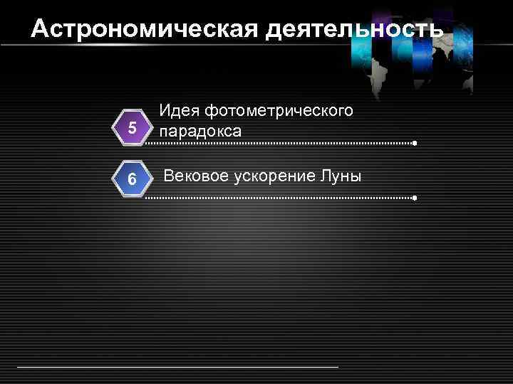 Астрономическая деятельность 5 Идея фотометрического парадокса 6 Вековое ускорение Луны LOGO 