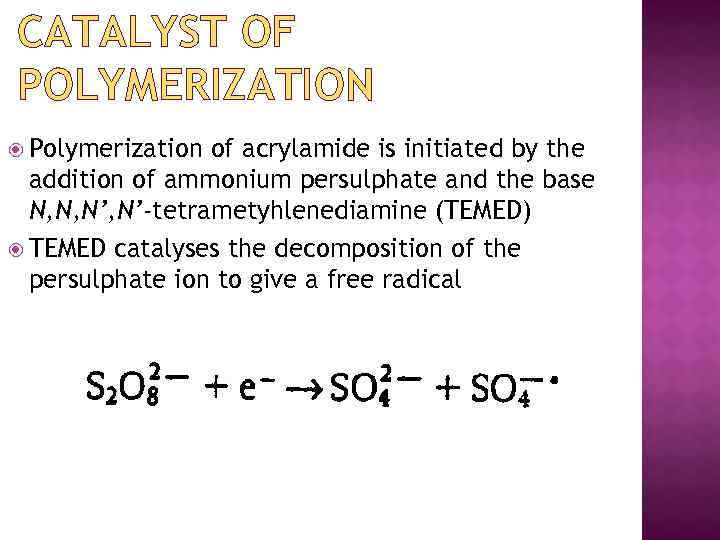 CATALYST OF POLYMERIZATION Polymerization of acrylamide is initiated by the addition of ammonium persulphate