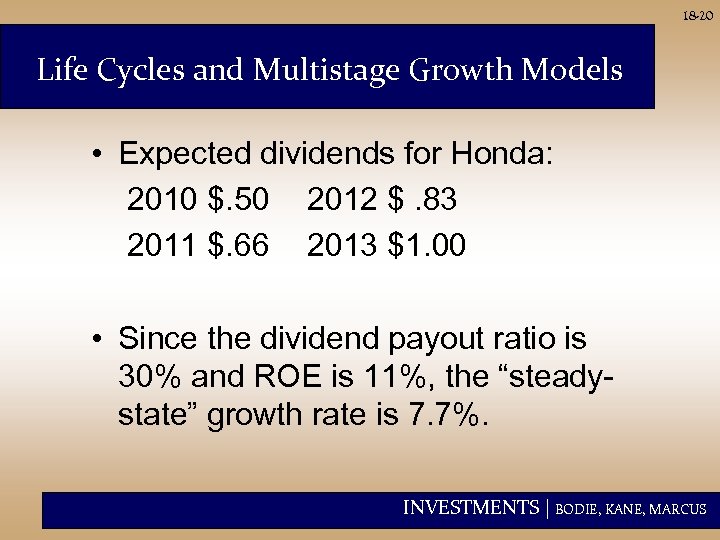 18 -20 Life Cycles and Multistage Growth Models • Expected dividends for Honda: 2010