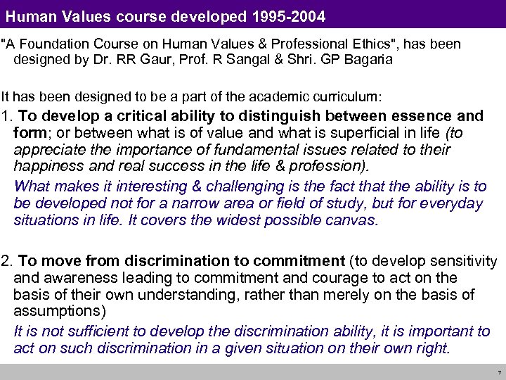 Human Values course developed 1995 -2004 
