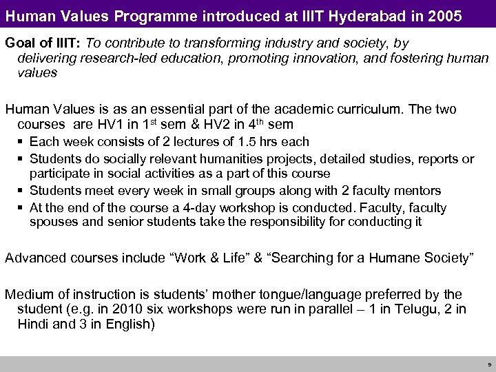 Human Values Programme introduced at IIIT Hyderabad in 2005 Goal of IIIT: To contribute