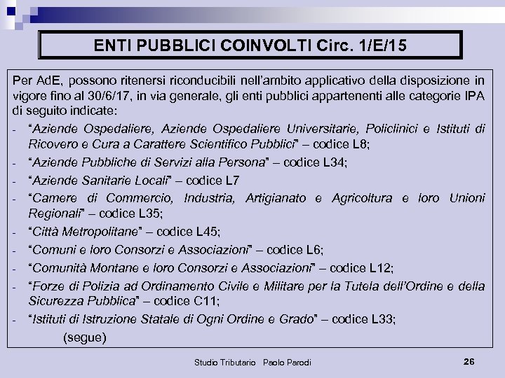 ENTI PUBBLICI COINVOLTI Circ. 1/E/15 Per Ad. E, possono ritenersi riconducibili nell’ambito applicativo della